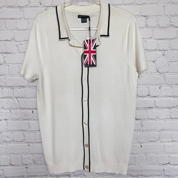 FRENCH CONNECTION Cream Button Down Short Sleeve Sweater Shirt--M - Picture 7 of 11